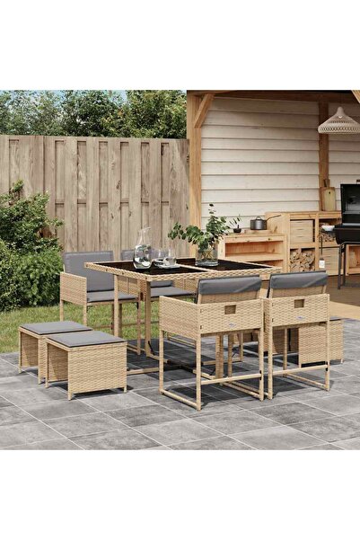 vidaxl Set de masa pentru gradina, 9 piese, cu perne, bej, poliratan