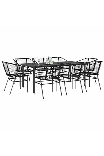 vidaxl Set de sufragerie de gradina 9 piese sticla neagra polirattan
