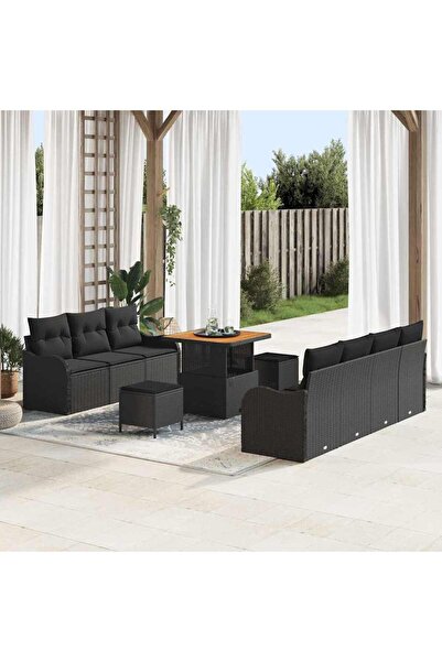 vidaxl Set de canapele pentru gradina cu perna 10 pcs Negru poliratan