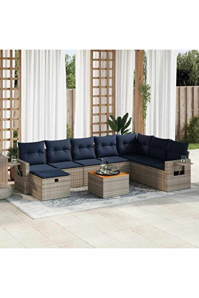 vidaxl Set canapele de gradina, 9 piese, cu perne, gri, poliratan