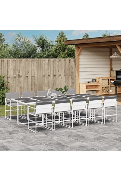 vidaxl Set mobilier de gradina, 11 piese, cu perne, alb, textilena