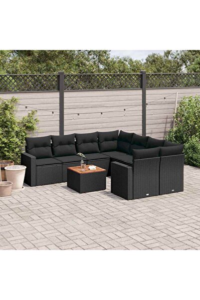 vidaxl Set mobilier de gradina cu perne, 9 piese, negru, poliratan