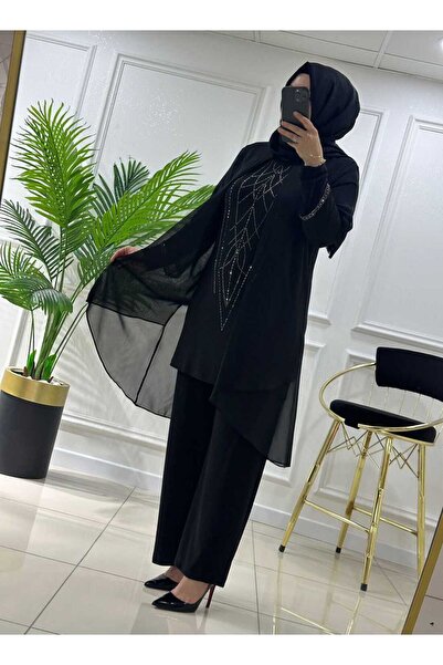 masalabiyem 4520 K200 Black Chiffon Stone-Embellished Evening Dress Set