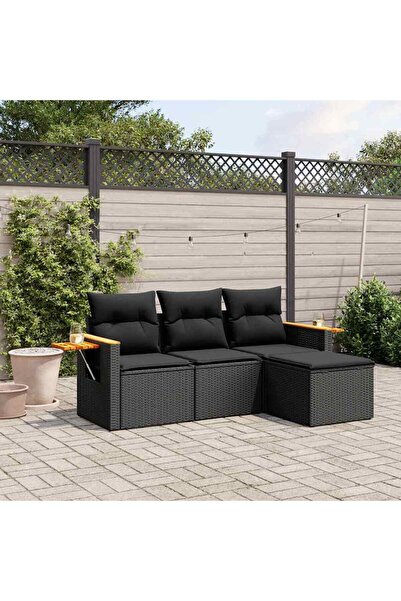 vidaxl Set mobilier de gradina cu perne, 4 piese, negru, poliratan