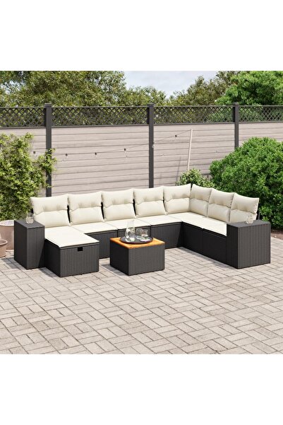 vidaxl Set mobilier de gradina cu perne, 9 piese, negru, poliratan