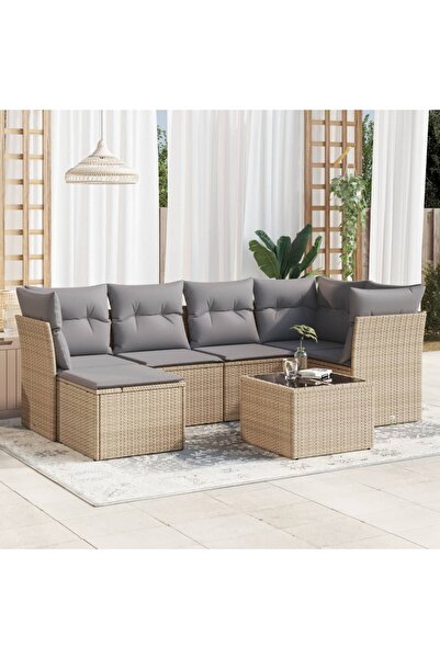vidaxl Set canapele de gradina, 7 piese, cu perne, bej, poliratan