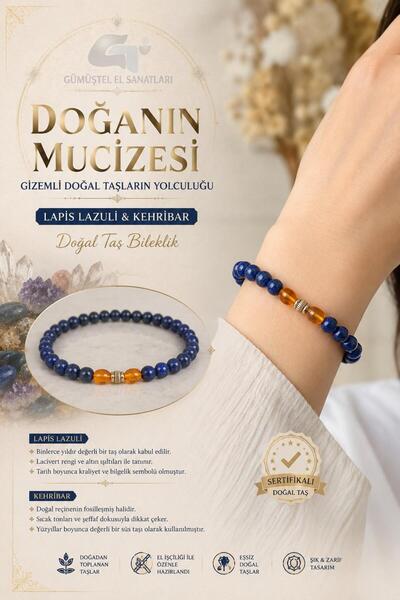 GÜMÜŞTEL EL SANATLARI Certified Amber & Lapis Lazuli Stone Bracelet