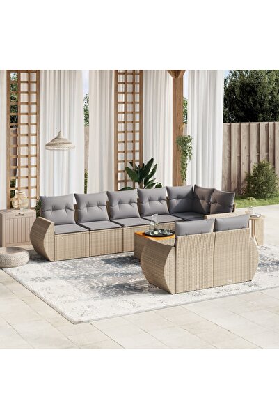 vidaxl Set canapele de gradina, 9 piese, cu perne, bej, poliratan
