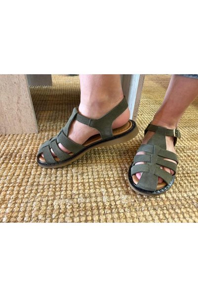 Herayakkabi Women's Genuine Leather and Khaki Suede Sandals