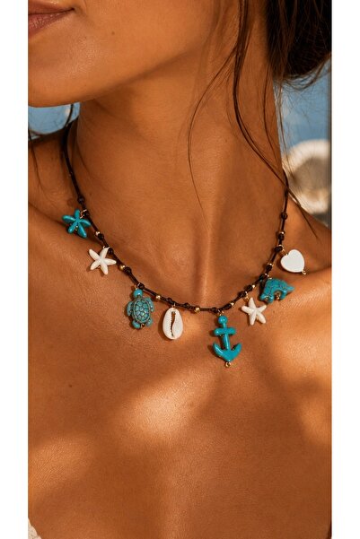 By Song Aksesuar Turquoise Charm Necklace with Sea Star, Turtle, and Seashell