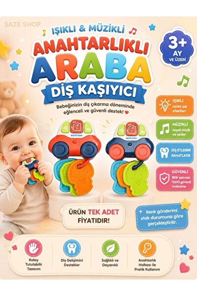 SAZE Işıklı Müzikli Anahtarlıklı Araba Diş Kaşıyıcı Bebek Oyuncağı 3+ Ay