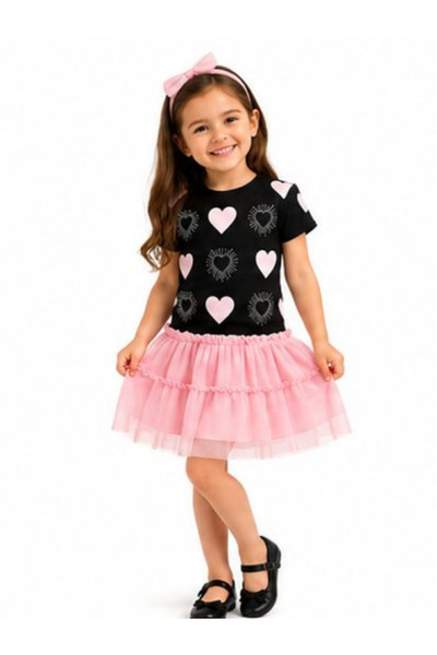trikomode Girl's Black and Pink 2-Piece Heart Tulle Lined Skirt Top and Botto...