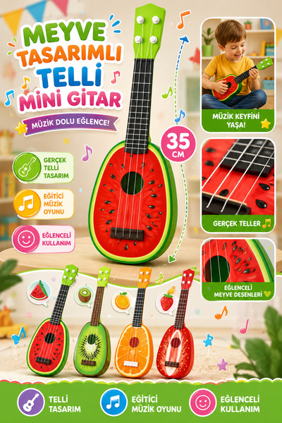 Tamsena Store 35 CM Meyve Tasarımlı Telli Mini Gitar Çocuk Oyuncak Gitarı Eği...