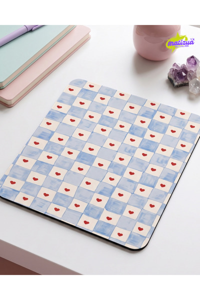 matizya Mavi Kareli Kalp Desenli Kare Mouse Pad Kaymaz Tabanlı Aesthetic Mous...