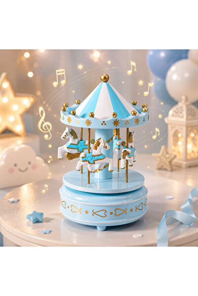 seasons box صندوق موسيقى كاروسيل خيول دوار ازرق