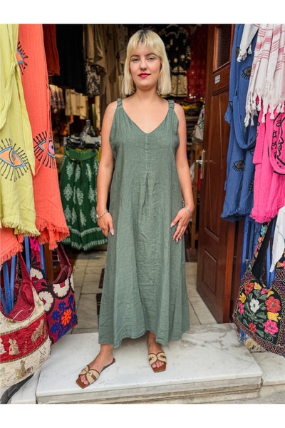 Miss Boheme Khaki Color Strappy Elastic Italian Linen Dress