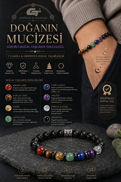 GÜMÜŞTEL EL SANATLARI Certified 7 Chakra & Obsidian Natural Stone Bracelet