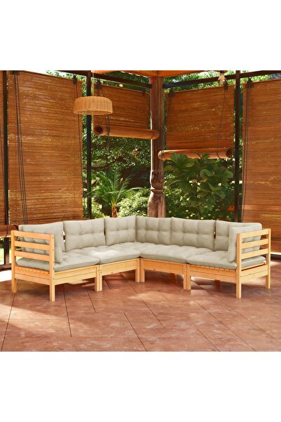 vidaxl Set mobilier gradina cu perne crem, 5 piese, lemn masiv pin