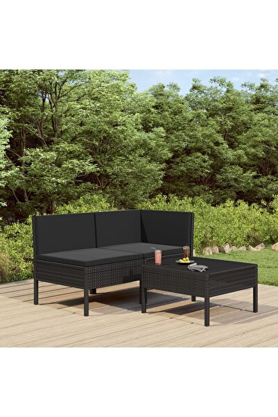 vidaxl Set mobilier de gradina cu perne, 3 piese, negru, poliratan