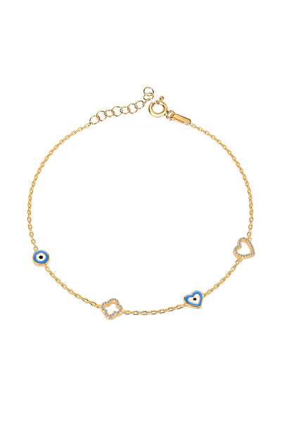 Emiliano Jewellery Kalp ve Yonca Figürlü Altın Kaplamalı Gümüş Bileklik