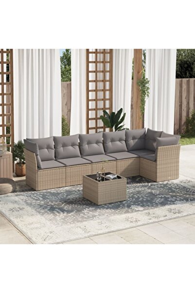 vidaxl Set canapele de gradina, 7 piese, cu perne, bej, poliratan