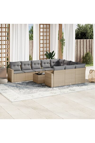 vidaxl Garden sofa set with cushions, 11 pieces, beige, polyrattan