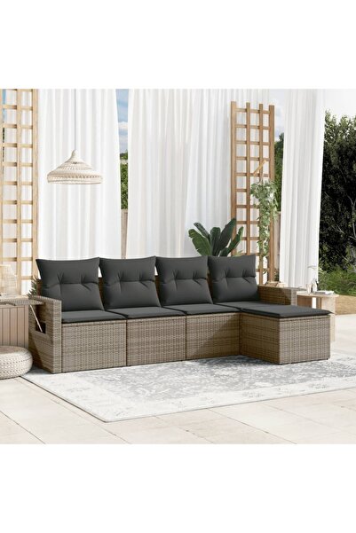 vidaxl Garden sofa set with cushions, 5 pieces, grey, polyrattan