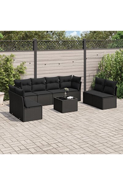 vidaxl Set mobilier de gradina cu perne, 9 piese, negru, poliratan