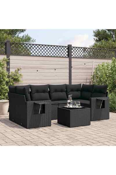 vidaxl Garden sofa set with cushions, 7 pieces, black, polyrattan