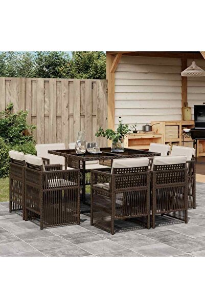 vidaxl Set mobilier de gradina cu perne, 9 piese, maro, poliratan