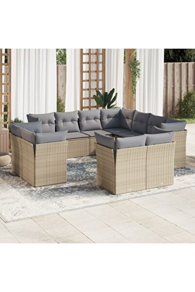 vidaxl Garden sofa set with cushions, 11 pieces, beige, polyrattan