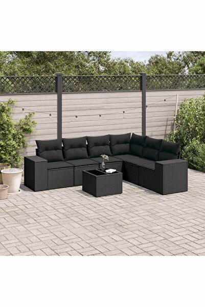 vidaxl Garden sofa set with cushions, 7 pieces, black, polyrattan