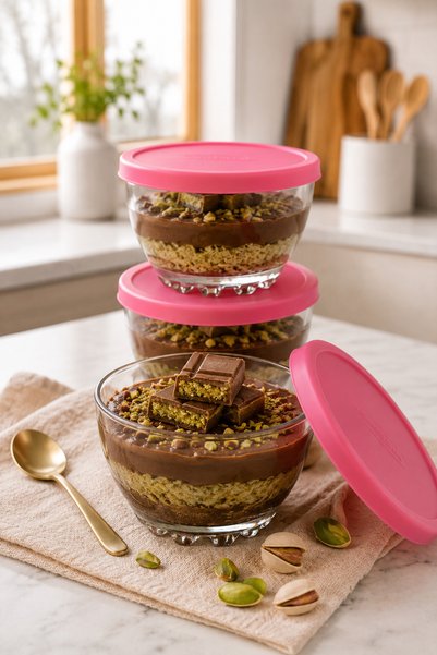 ZURİ DESİGN 3-Piece Pudding Bowl Set with Pink Lids, Glass Dessert and Custard Bowl, 280 Cc