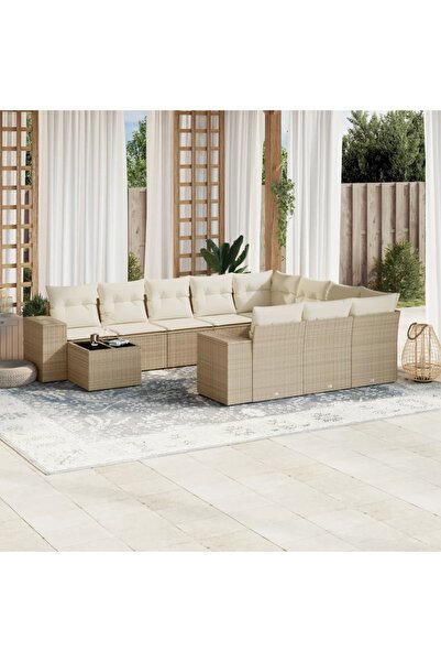 vidaxl Garden sofa set with cushions, 11 pieces, beige, polyrattan