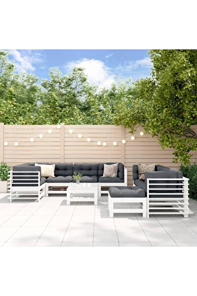vidaxl Set mobilier de gradina cu perne, 10 piese, alb, lemn masiv