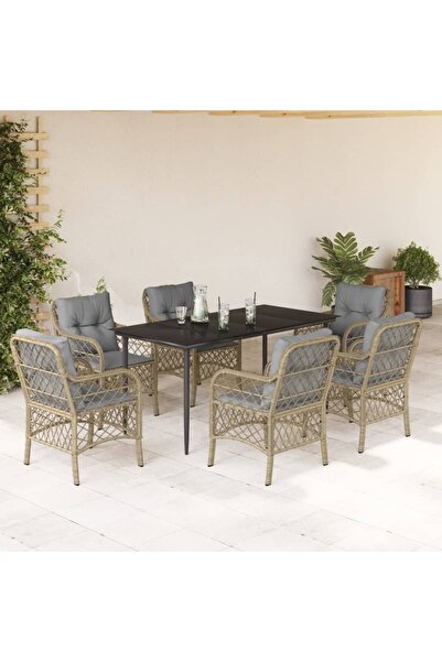 vidaxl Set mobilier pentru gradina, 7 piese, cu perne, bej, poliratan