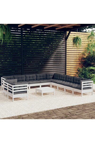 vidaxl Set mobilier gradina cu perne, 12 piese, alb, lemn masiv pin