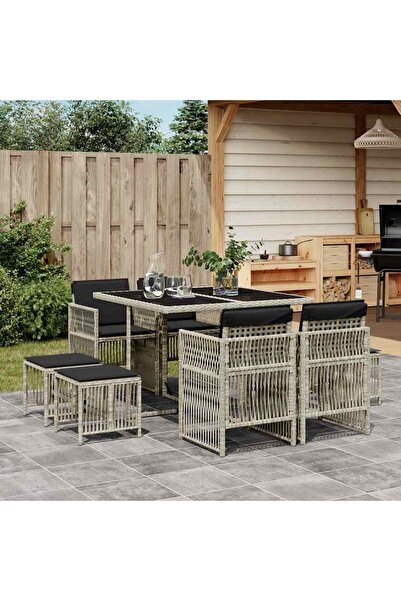 vidaxl Garden furniture set with cushions, 9 pieces, light grey, polyrattan