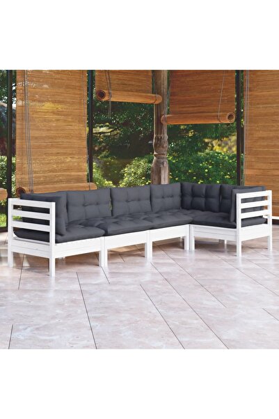 vidaxl Set mobilier gradina cu perne, 5 piese, alb, lemn de pin