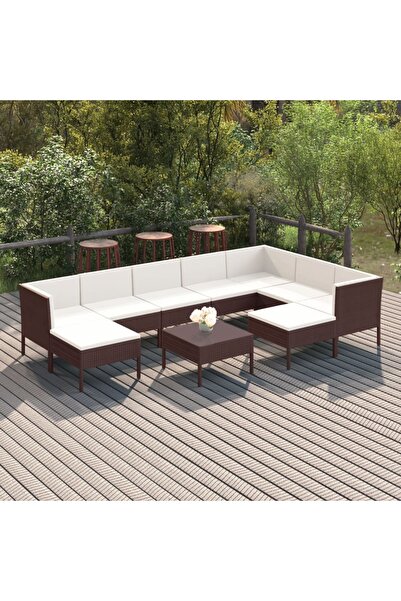vidaxl Set mobilier de gradina cu perne, 10 piese, maro, poliratan