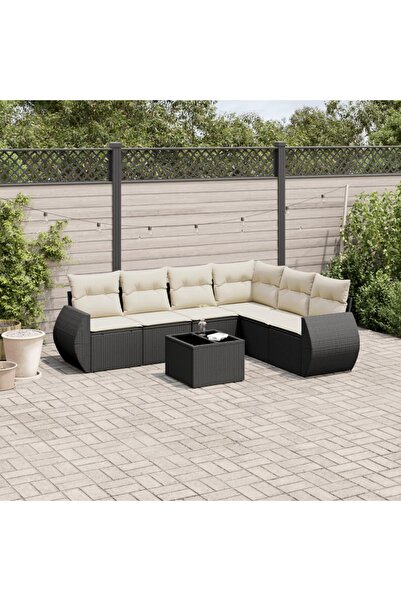 vidaxl Garden sofa set with cushions, 7 pieces, black, polyrattan