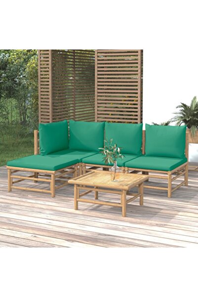 vidaxl Garden furniture set with green cushions, 5 pieces, Bamboo