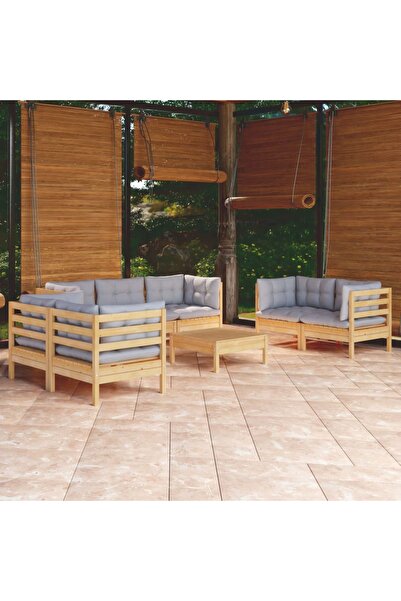 vidaxl Set mobilier de gradina cu perne gri, 8 piese, lemn masiv pin