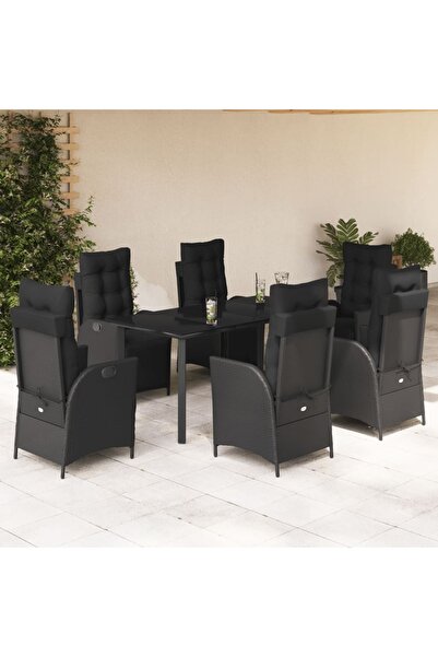 vidaxl Garden furniture set with cushions, 7 pieces, black, polyrattan