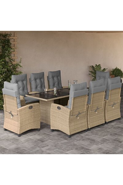 vidaxl Set de masa pentru gradina, 9 piese, cu perne, bej, poliratan