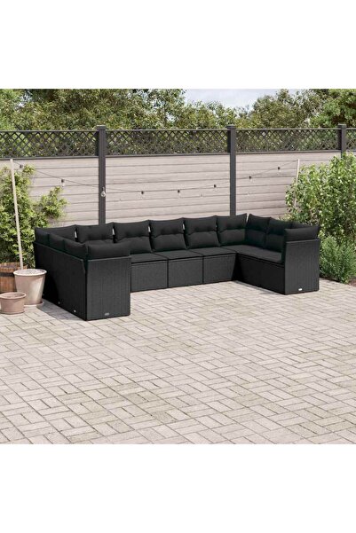 vidaxl Garden sofa set with cushions, 10 pieces, black, polyrattan