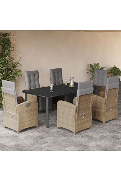 vidaxl Set de masa pentru gradina, 7 piese, cu perne, bej, poliratan
