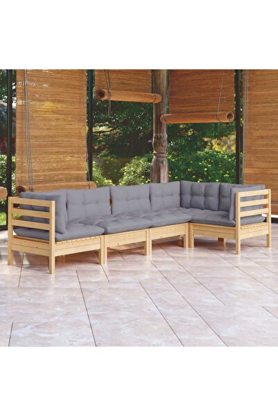 vidaxl Set mobilier gradina cu perne gri, 5 piese, lemn masiv de pin