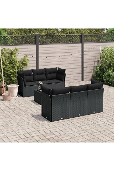vidaxl Set canapele de gradina cu perne, 7 piese, negru, poliratan