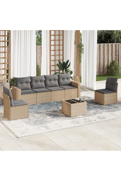 vidaxl Set canapele de gradina, 7 piese, cu perne, bej, poliratan